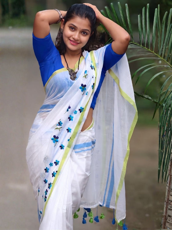 Indiehaat | Mul Cotton 120 Count Embroidery Saree White 