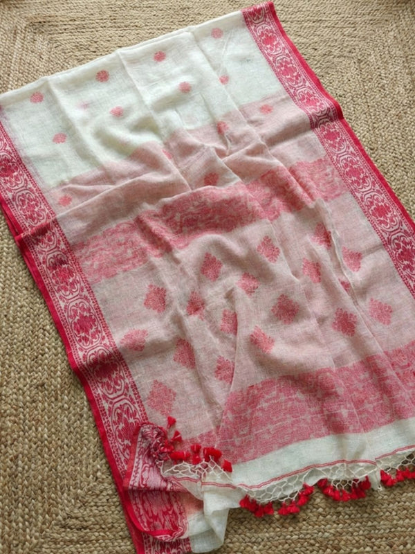 Indiehaat | Pure Linen Jamdani Saree White