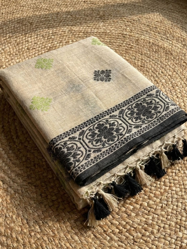 Indiehaat | Pure Linen Jamdani Saree Beige