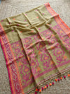 Indiehaat | Pure Linen Jamdani Saree Green
