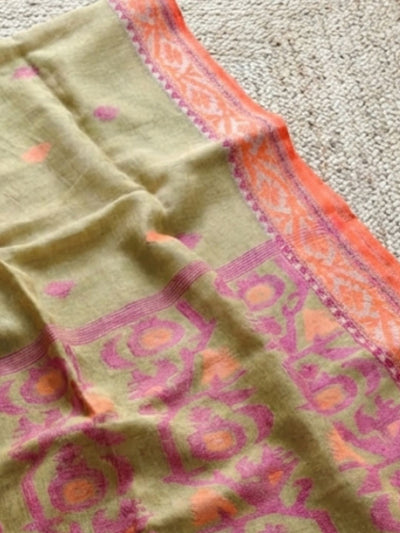 Indiehaat | Pure Linen Jamdani Saree Green