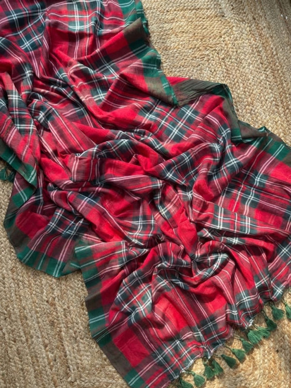 Indiehaat | Mul Cotton 120 Count Handloom Saree Red