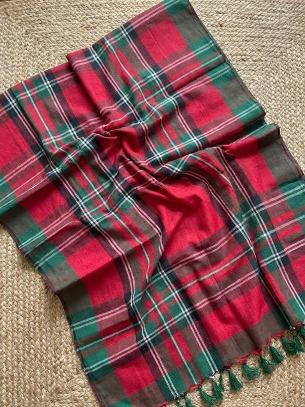 Indiehaat | Mul Cotton 120 Count Handloom Saree Red