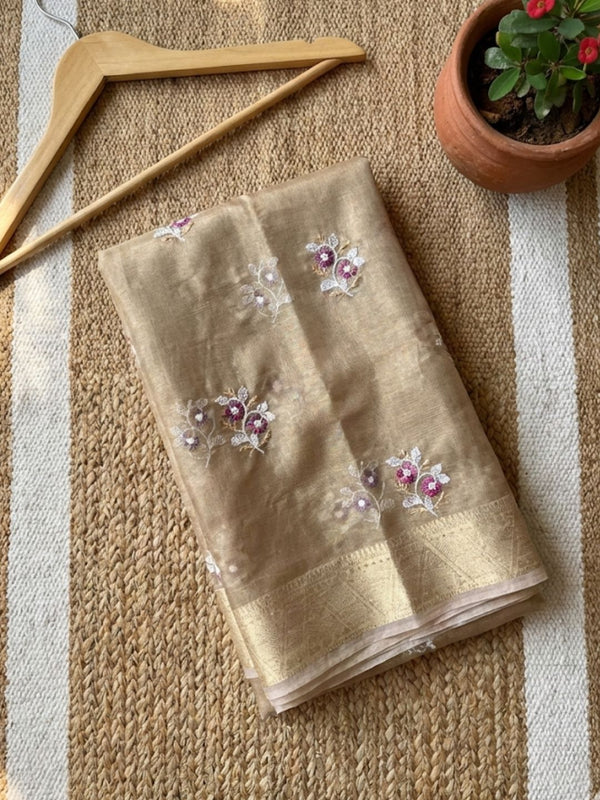 Indiehaat | Kota Doria Semi Silk Embroidery Saree Gold