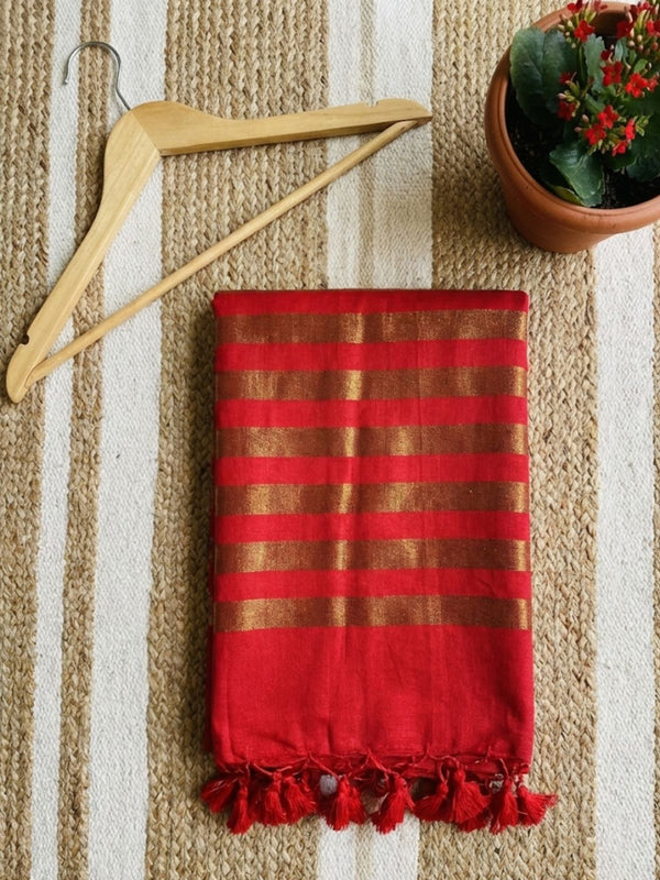 Indiehaat | Pure Cotton Zari Anchal Saree Red