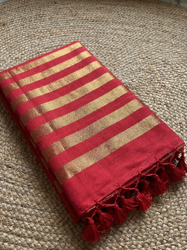 Indiehaat | Pure Cotton Zari Anchal Saree Red