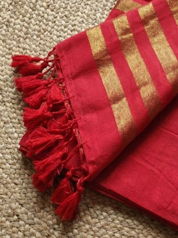 Indiehaat | Pure Cotton Zari Anchal Saree Red