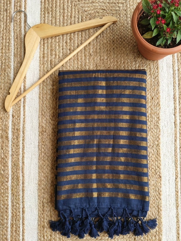 Indiehaat | Pure Cotton Zari Anchal Saree Blue