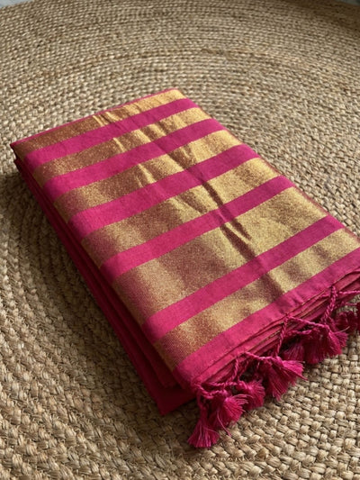 Indiehaat | Pure Cotton Zari Anchal Saree Pink