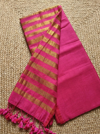 Indiehaat | Pure Cotton Zari Anchal Saree Pink