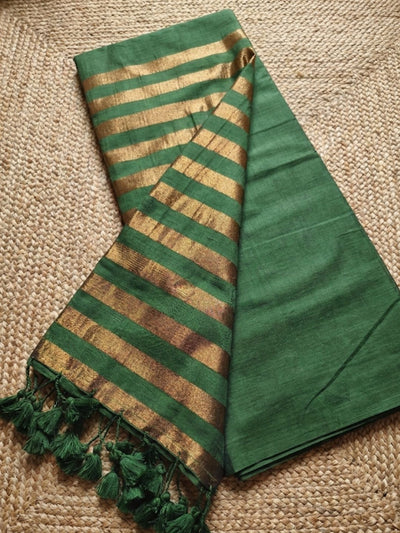 Indiehaat | Pure Cotton Zari Anchal Saree Green