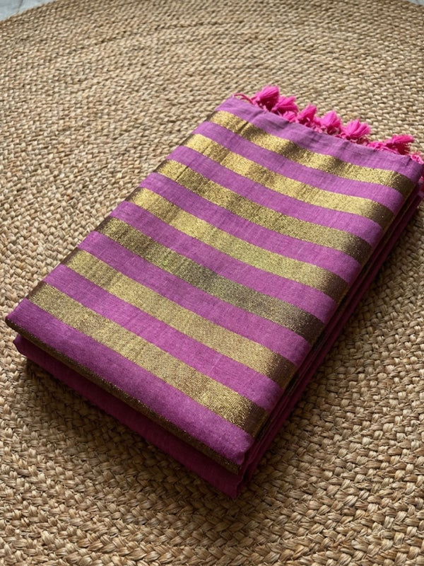 Indiehaat | Pure Cotton Zari Anchal Saree Pink