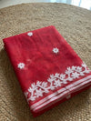 Indiehaat | Noil Kota Cotton Embroidery Saree Red