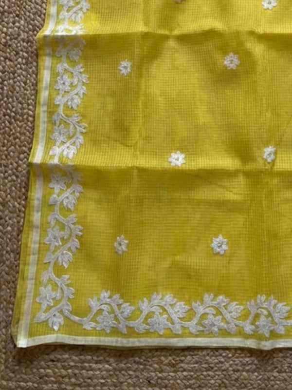 Indiehaat | Noil Kota Cotton Embroidery Saree Yellow