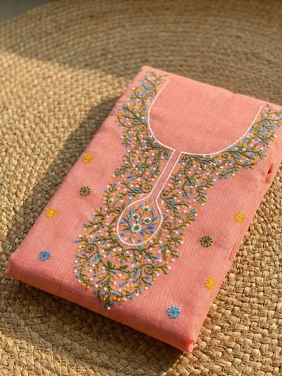 Indiehaat | Kota Cotton Embroidery Suit Material Peach