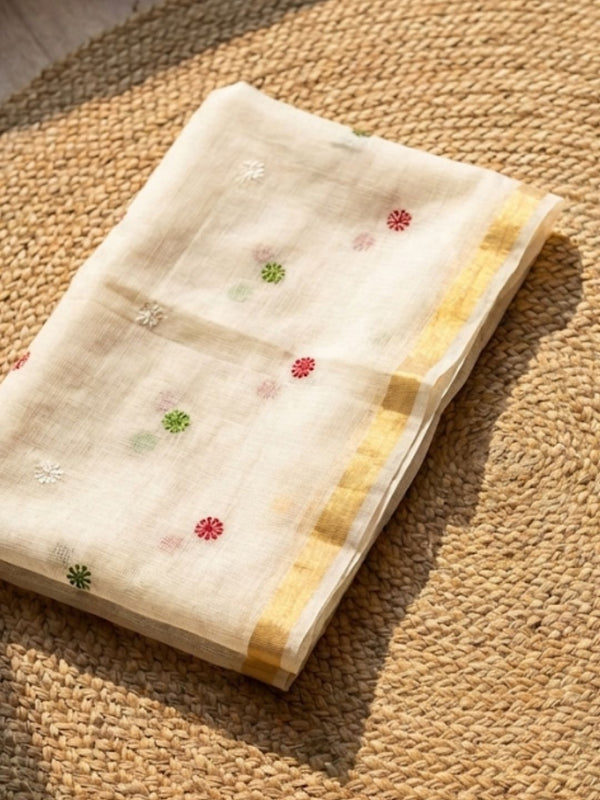 Indiehaat | Kota Cotton Embroidery Suit Material White