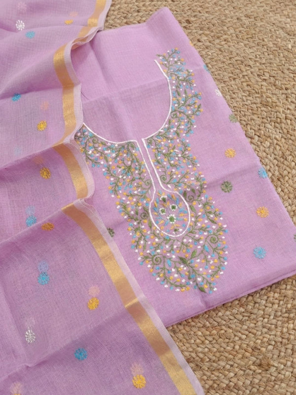 Indiehaat | Kota Cotton Embroidery Suit Material Purple