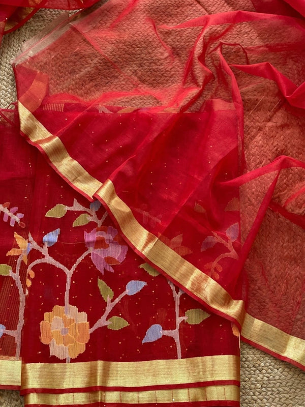 Indiehaat | Muslin Silk Jamdani Handwork Saree Red