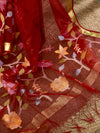 Indiehaat | Muslin Silk Jamdani Handwork Saree Red