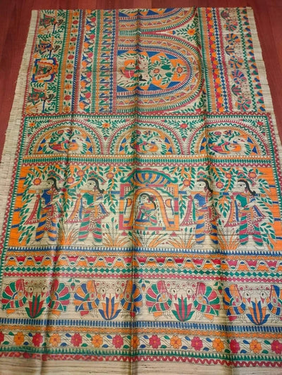 Indiehaat | Ghicha Tussar Madhubani Silk Saree Beige