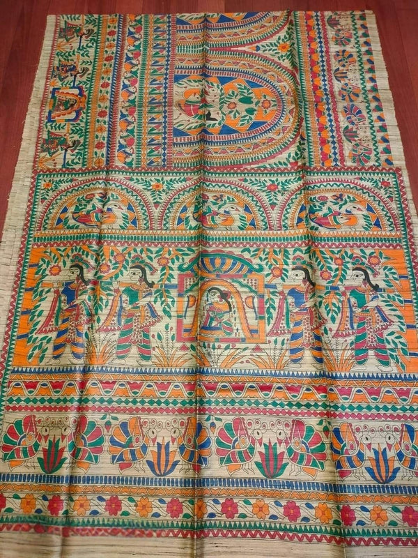 Indiehaat | Ghicha Tussar Madhubani Silk Saree Beige