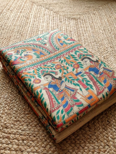 Indiehaat | Ghicha Tussar Madhubani Silk Saree Beige