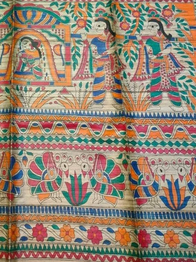 Indiehaat | Ghicha Tussar Madhubani Silk Saree Beige