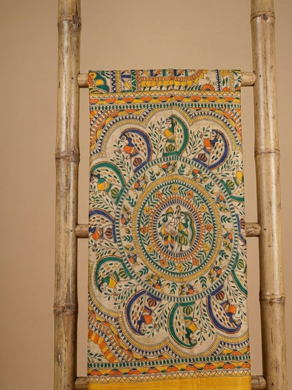 Indiehaat | Ghicha Tussar Madhubani Silk Saree Beige