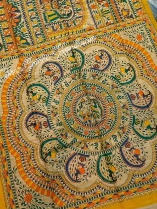 Indiehaat | Ghicha Tussar Madhubani Silk Saree Beige