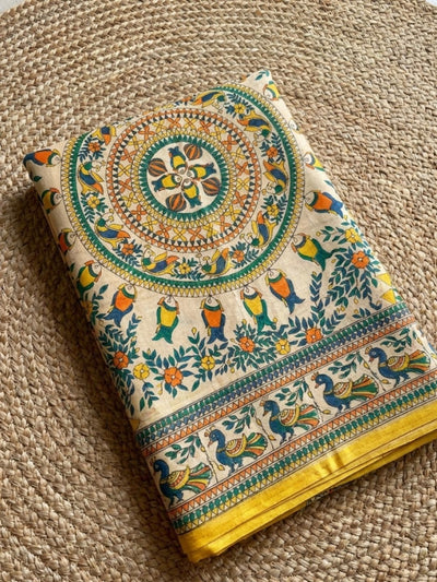 Indiehaat | Ghicha Tussar Madhubani Silk Saree Beige