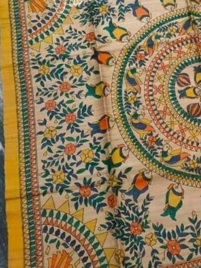 Indiehaat | Ghicha Tussar Madhubani Silk Saree Beige