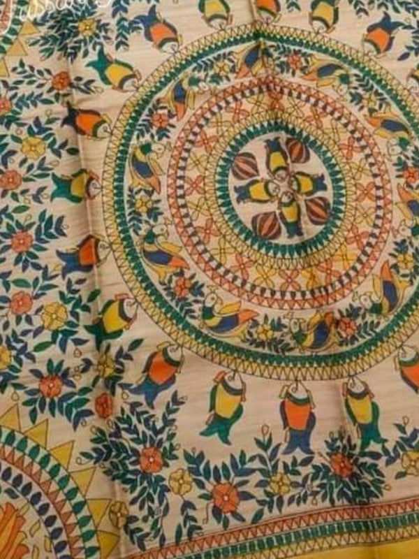 Indiehaat | Ghicha Tussar Madhubani Silk Saree Beige