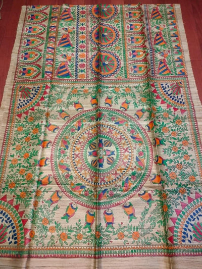 Indiehaat | Ghicha Tussar Madhubani Silk Saree Beige