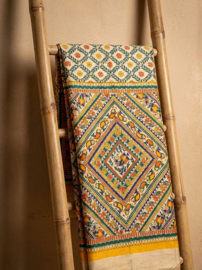 Indiehaat | Ghicha Tussar Madhubani Silk Saree Beige