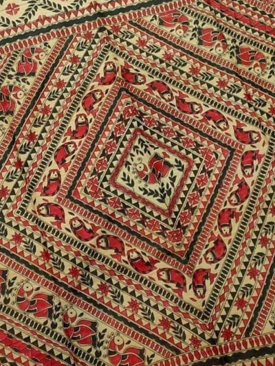 Indiehaat | Ghicha Tussar Madhubani Silk Saree Beige