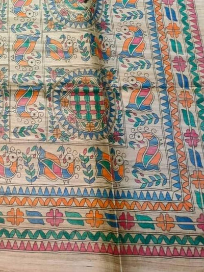 Indiehaat | Ghicha Tussar Madhubani Silk Saree Beige