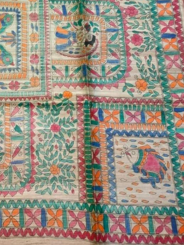 Indiehaat | Ghicha Tussar Madhubani Silk Saree Beige
