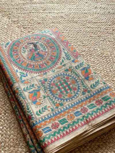 Indiehaat | Ghicha Tussar Madhubani Silk Saree Beige