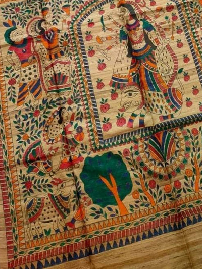Indiehaat | Ghicha Tussar Madhubani Silk Saree Beige