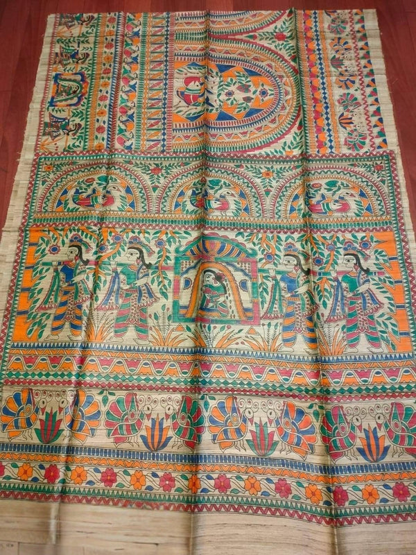 Indiehaat | Ghicha Tussar Madhubani Silk Saree Beige