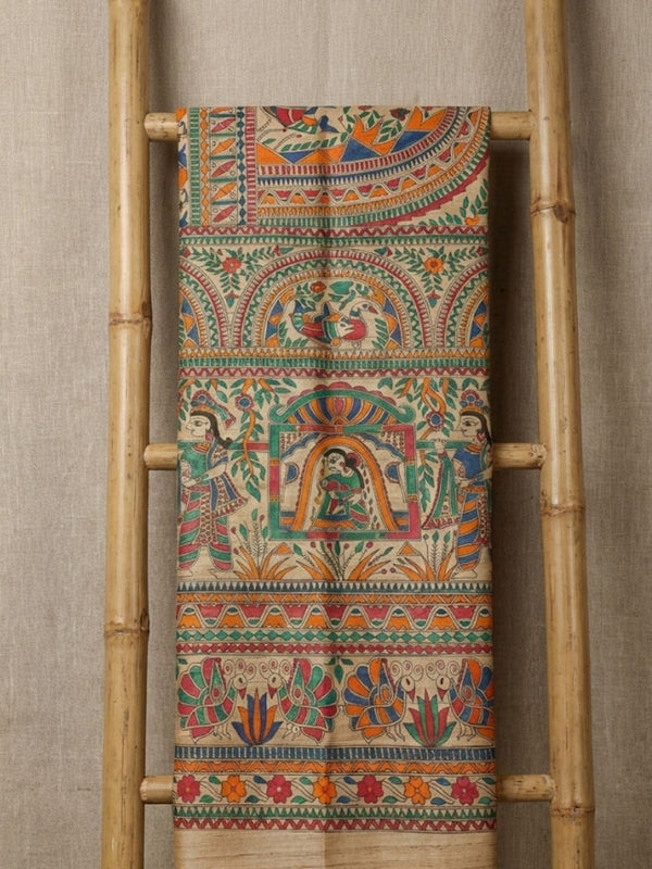 Indiehaat | Ghicha Tussar Madhubani Silk Saree Beige