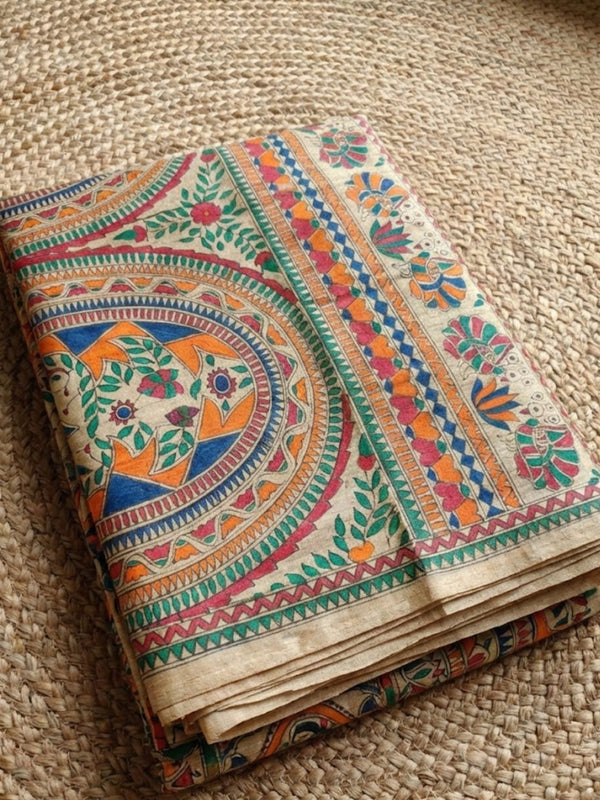 Indiehaat | Ghicha Tussar Madhubani Silk Saree Beige