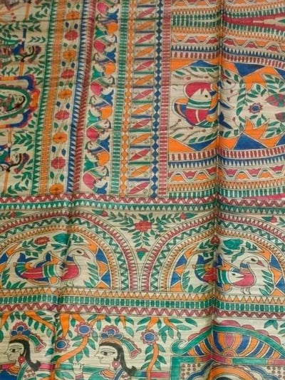 Indiehaat | Ghicha Tussar Madhubani Silk Saree Beige