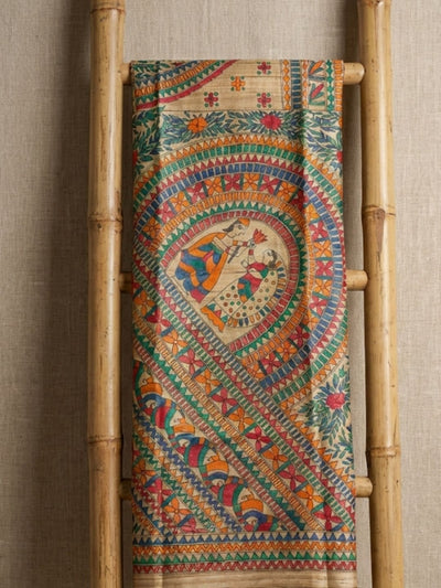 Indiehaat | Ghicha Tussar Madhubani Silk Saree Beige