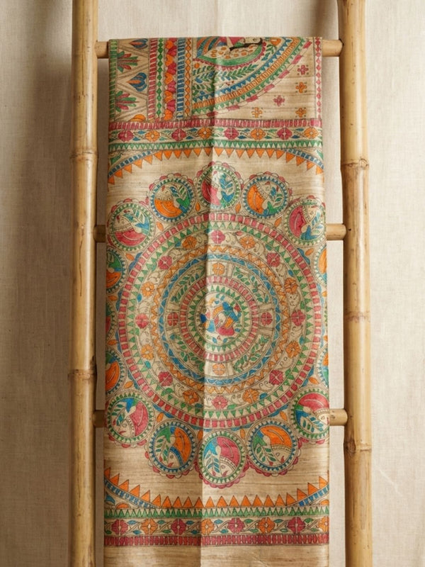 Indiehaat | Ghicha Tussar Madhubani Silk Saree Beige