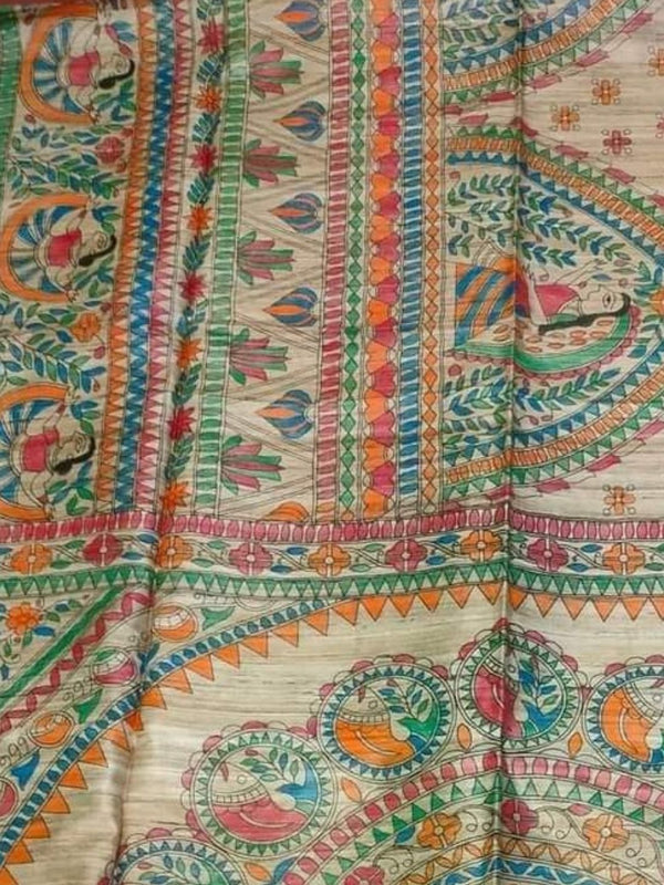 Indiehaat | Ghicha Tussar Madhubani Silk Saree Beige