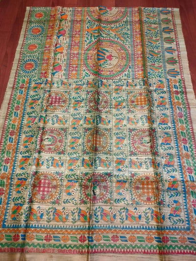 Indiehaat | Ghicha Tussar Madhubani Silk Saree Beige