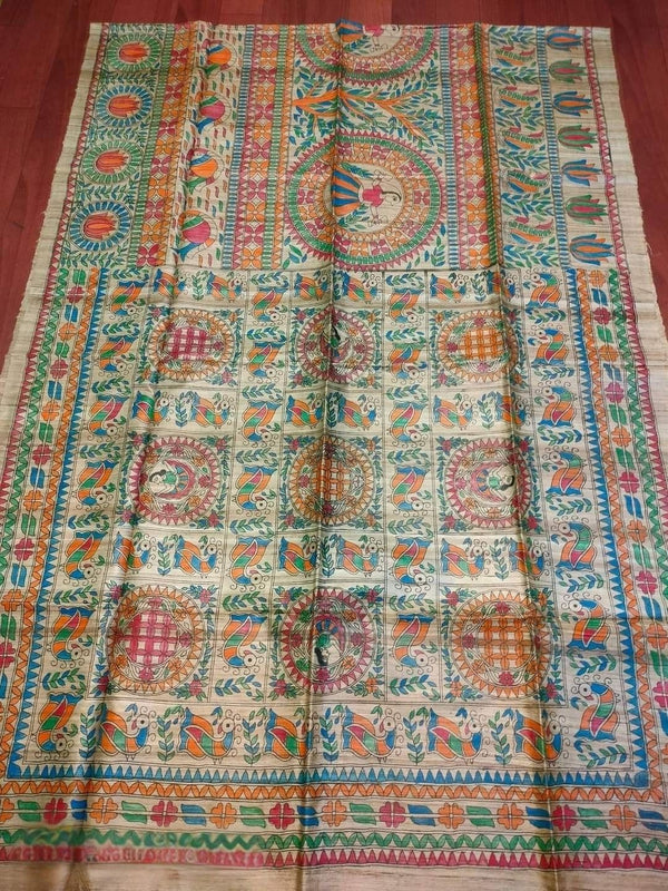 Indiehaat | Ghicha Tussar Madhubani Silk Saree Beige