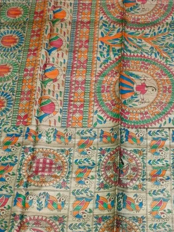 Indiehaat | Ghicha Tussar Madhubani Silk Saree Beige