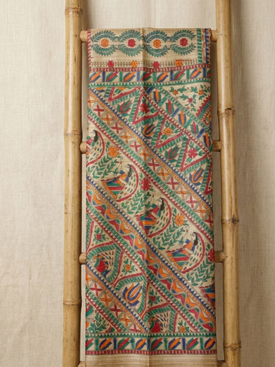 Indiehaat | Ghicha Tussar Madhubani Silk Saree Beige